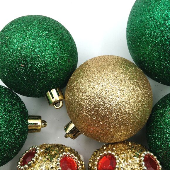 Christmas Tree Ornaments Gold & Green Glitter Shatterproof Med to Large Set / 15 - Picture 4 of 5